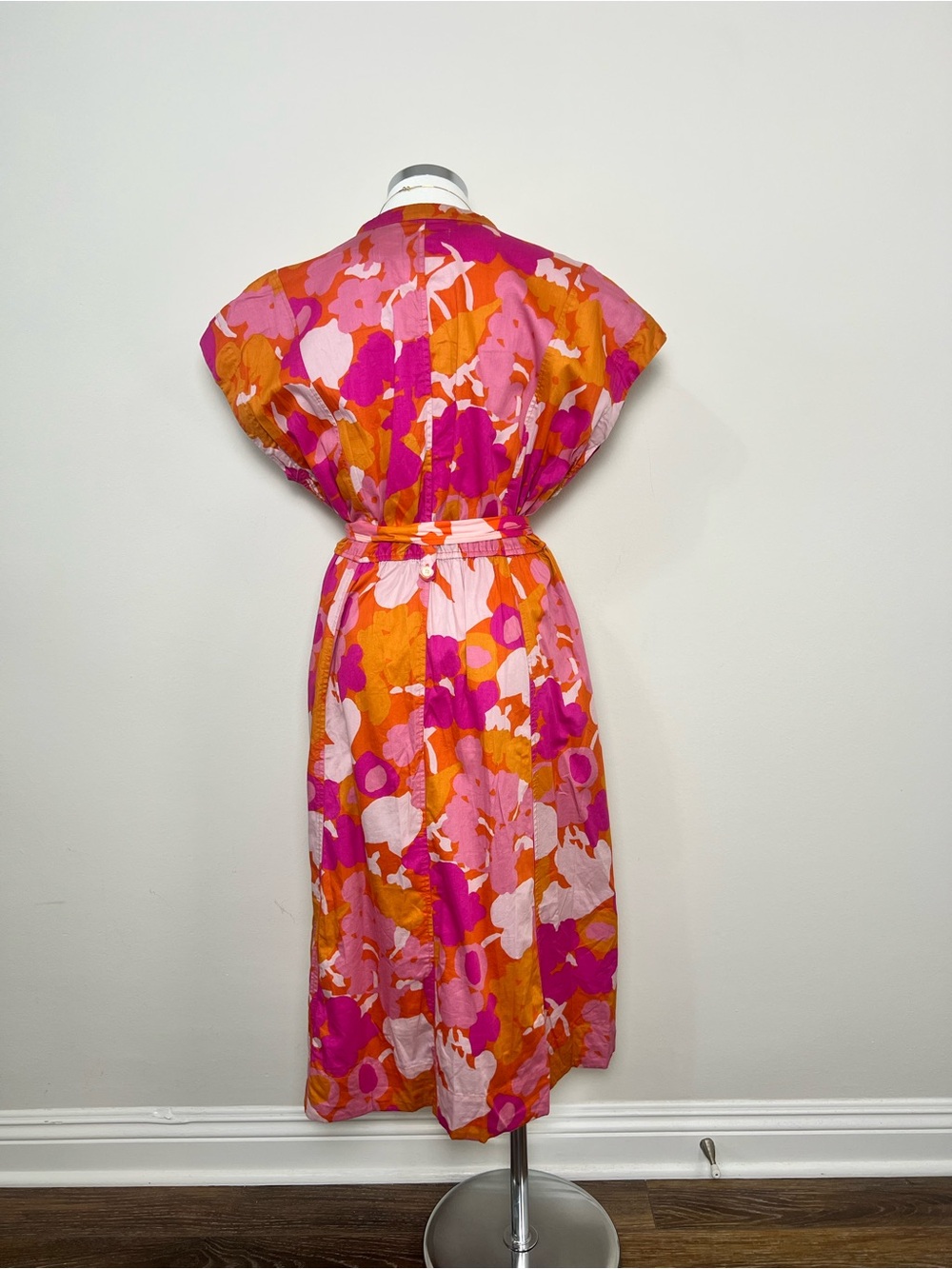 Free Assembly Women's Belted Midi Dress Size L Pink Orange Floral 100% Cotton - Picture 4 of 11